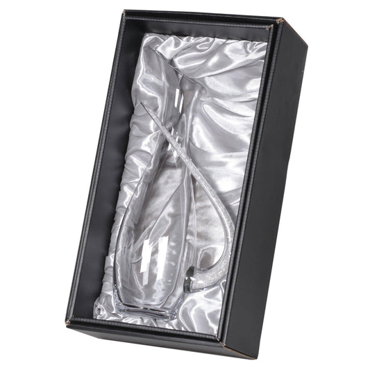 Tall elegant glass jug with crystal-filled handle, in its elegant packaging