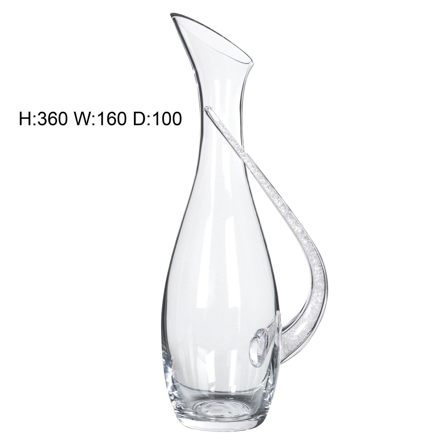 Tall elegant glass jug with crystal-filled handle