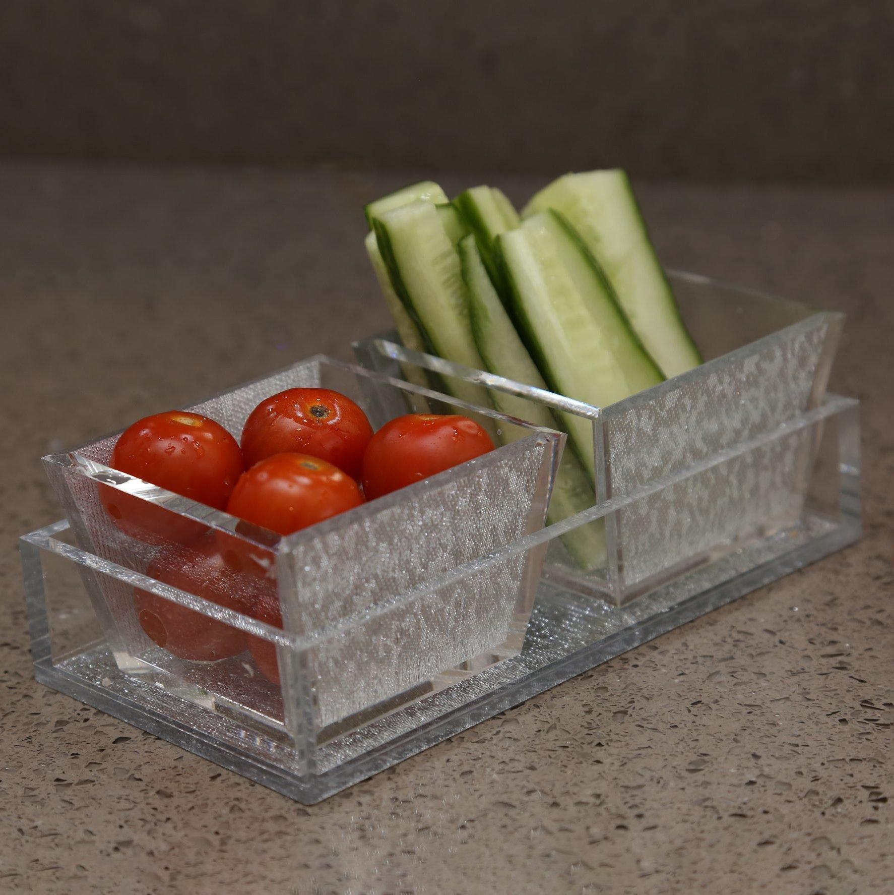 Acrylic set of 2 dip bowls with lid on tray filled
